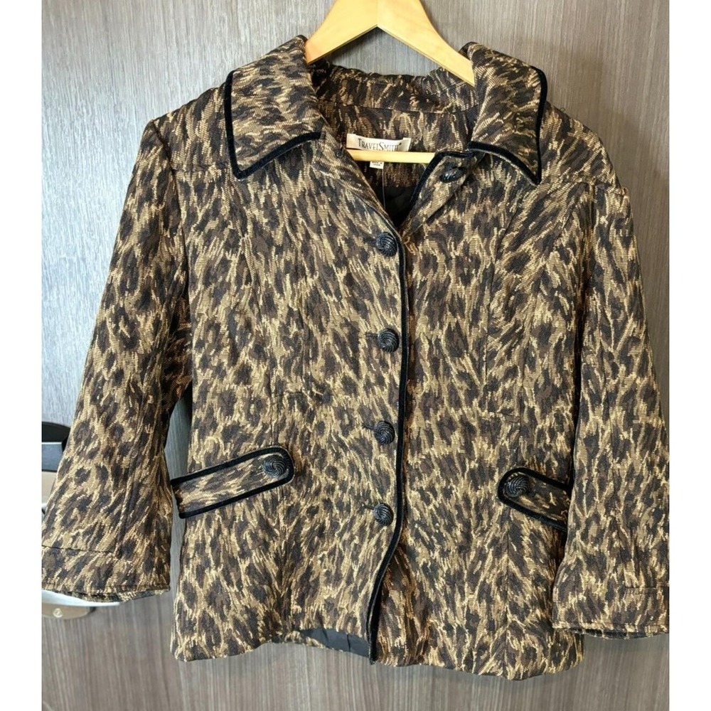 TravelSmith Jacket Womens Medium Brown Cheetah Long Sleeve Collared Button Front